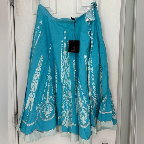 Willi Smith Turquoise A-Line Skirt with White Patterns - Picture 1 of 8